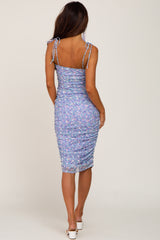 Lavender Floral Lace Ruched Midi Dress