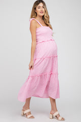 Pink Striped Smocked Shoulder Tie Maternity Midi Dress