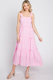 Pink Striped Smocked Shoulder Tie Midi Dress