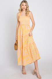 Orange Striped Smocked Shoulder Tie Midi Dress