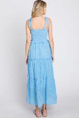 Blue Striped Smocked Shoulder Tie Midi Dress