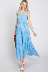 Blue Striped Smocked Shoulder Tie Midi Dress