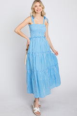 Blue Striped Smocked Shoulder Tie Midi Dress