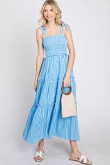 Blue Striped Smocked Shoulder Tie Midi Dress