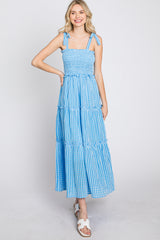 Blue Striped Smocked Shoulder Tie Midi Dress