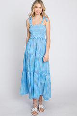 Blue Striped Smocked Shoulder Tie Midi Dress