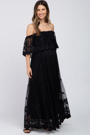 Black Lace Overlay Off Shoulder Maternity Maxi Dress