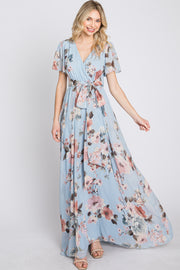 Light Blue Floral Chiffon Wrap Front Short Sleeve Maxi Dress