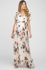 Cream Floral Chiffon Wrap Front Short Sleeve Maternity Maxi Dress