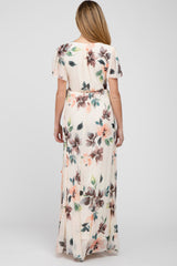 Cream Floral Chiffon Wrap Front Short Sleeve Maternity Maxi Dress