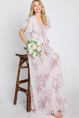 Light Pink Floral Chiffon Wrap Front Short Sleeve Maternity Maxi Dress