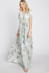 Light Olive Floral Chiffon Wrap Front Short Sleeve Maxi Dress