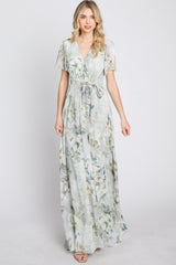 Light Olive Floral Chiffon Wrap Front Short Sleeve Maxi Dress