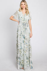 Light Olive Floral Chiffon Wrap Front Short Sleeve Maxi Dress