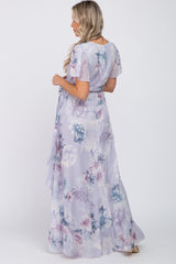 Lavender Floral Chiffon Wrap Front Short Sleeve Maternity Maxi Dress