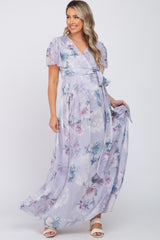 Lavender Floral Chiffon Wrap Front Short Sleeve Maternity Maxi Dress