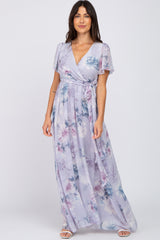 Lavender Floral Chiffon Wrap Front Short Sleeve Maternity Maxi Dress