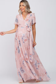 Pink Floral Chiffon Wrap Front Short Sleeve Maternity Maxi Dress