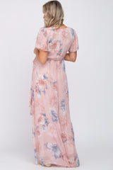 Pink Floral Chiffon Wrap Front Short Sleeve Maternity Maxi Dress