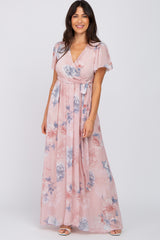 Pink Floral Chiffon Wrap Front Short Sleeve Maternity Maxi Dress