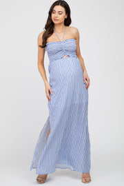 Blue Striped Cutout Front Halter Neck Maternity Maxi Dress