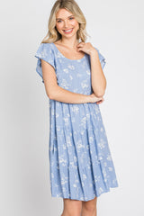 Light Blue Floral Flutter Sleeve Tiered Dress