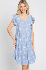 Light Blue Floral Flutter Sleeve Tiered Dress