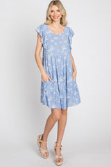 Light Blue Floral Flutter Sleeve Tiered Dress