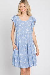 Light Blue Floral Flutter Sleeve Tiered Dress