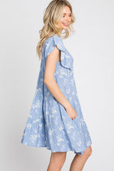 Light Blue Floral Flutter Sleeve Tiered Dress