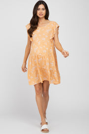 Peach Floral Flutter Sleeve Tiered Maternity Dress