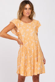 Peach Floral Flutter Sleeve Tiered Dress