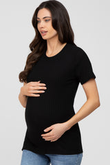 Black Ribbed Short Sleeve Maternity Top