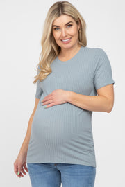 Blue Ribbed Short Sleeve Maternity Top