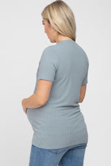 Blue Ribbed Short Sleeve Maternity Top