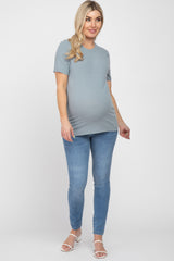 Blue Ribbed Short Sleeve Maternity Top