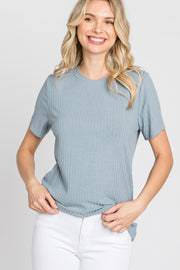 Blue Ribbed Short Sleeve Top