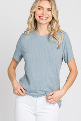 Blue Ribbed Short Sleeve Maternity Top