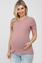 Mauve Ribbed Short Sleeve Maternity Top