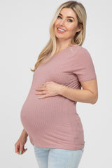 Mauve Ribbed Short Sleeve Maternity Top