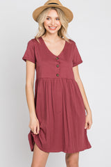 Burgundy Button Front Basic Dress