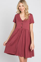 Burgundy Button Front Basic Dress