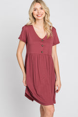 Burgundy Button Front Basic Dress