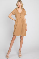 Camel Button Front Basic Dress