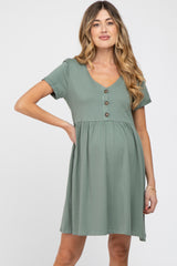 Olive Button Front Basic Maternity Dress