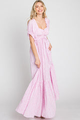 Pink Ditsy Floral Smocked Puff Sleeve Maxi Dress