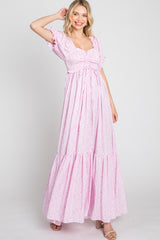 Pink Ditsy Floral Smocked Puff Sleeve Maxi Dress