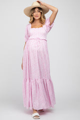 Pink Ditsy Floral Smocked Puff Sleeve Maternity Maxi Dress