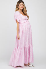 Pink Ditsy Floral Smocked Puff Sleeve Maternity Maxi Dress