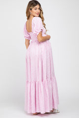 Pink Ditsy Floral Smocked Puff Sleeve Maternity Maxi Dress